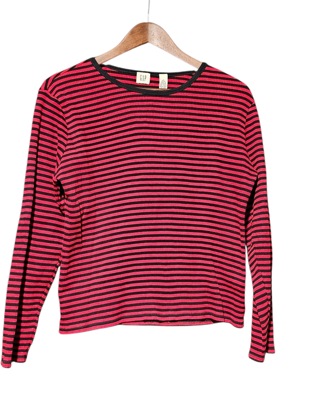GAP Red & Black Striped Long Sleeve Tee Shirt Medium 100% Cotton Vintage